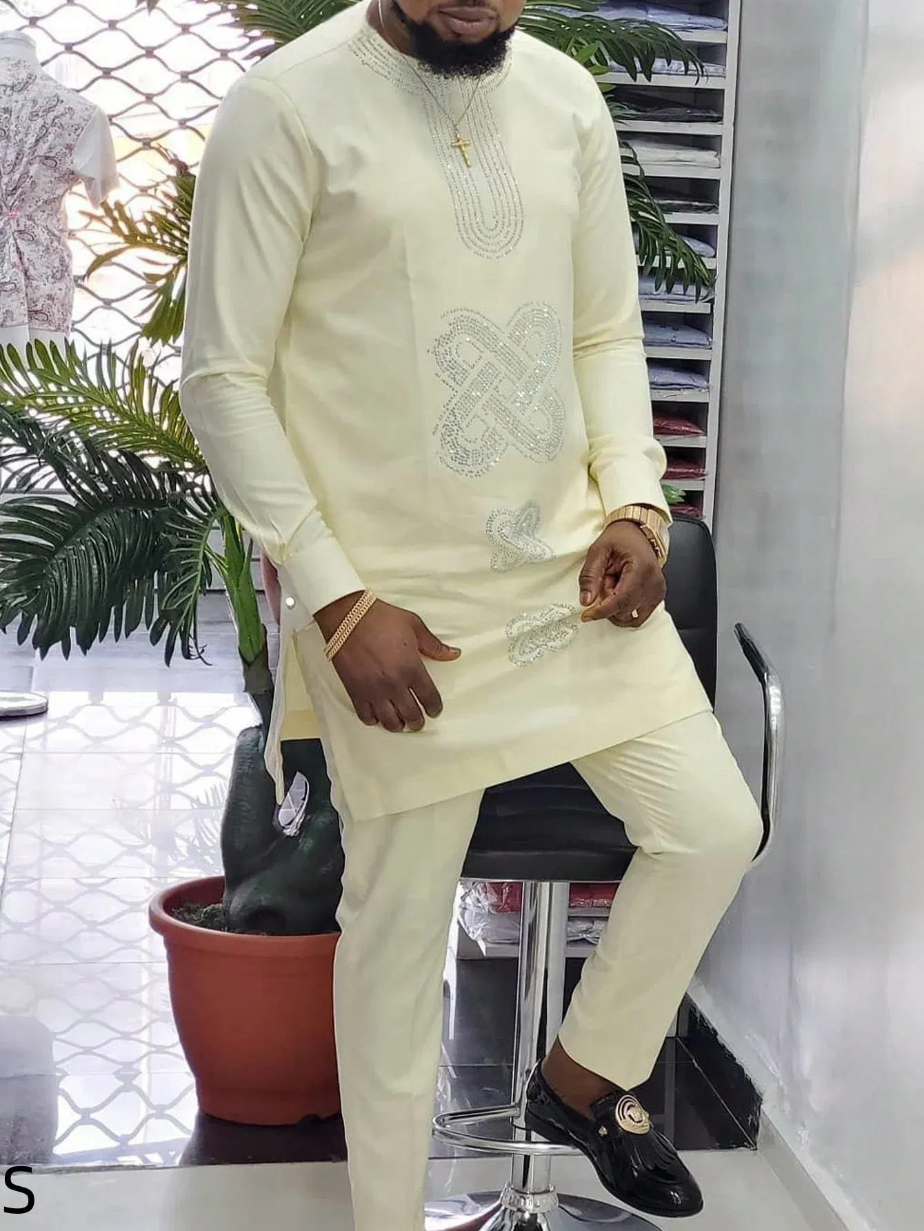 Color: Champagne, Size: XL - 2025 New men's suit, white pocket, 2-piece set, luxury wedding casual suit, traditional African style of ethnic minorities