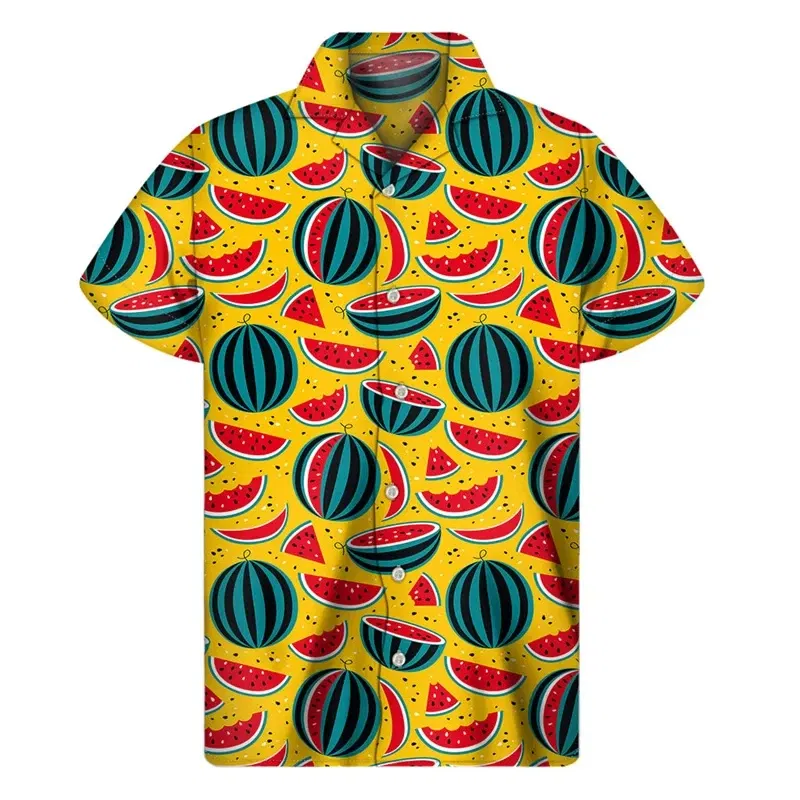 Color: PURPLE, Size: M - Tropical Watermelon Graphic Hawaiian Shirt Summer Street Short Sleeves 3d Printed Fruits Button Shirts Men Clothes Lapel Blouse