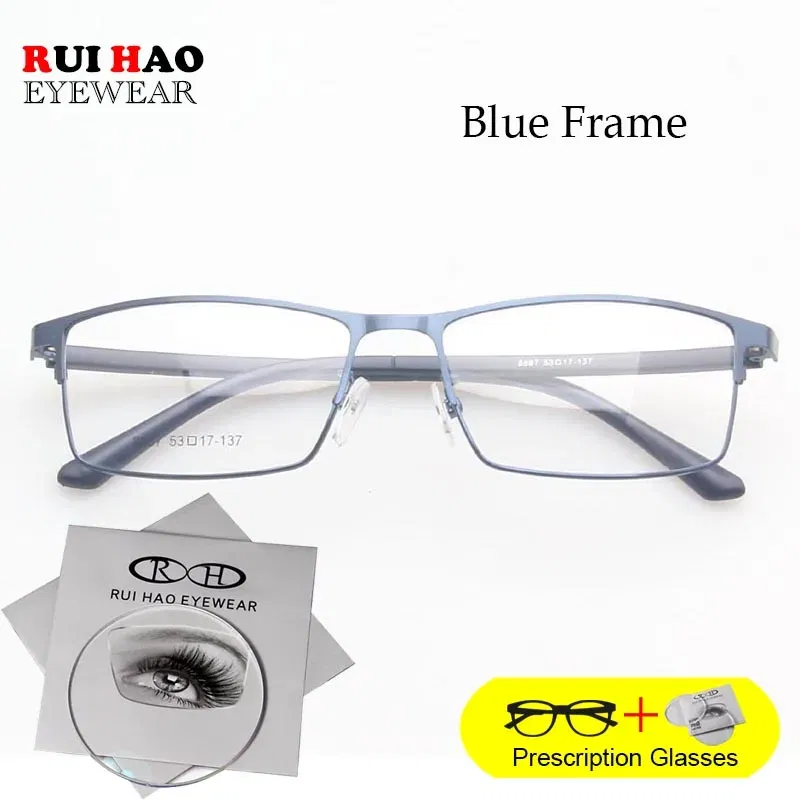 Frame Color: Blue, Lens Function: Photo Grey, Lens Index: 1.67, Prescription Type: Progressive - Rui Hao Eyewear Prescription Glasses Rectangle Leisure Customize Spectacles Full Rimless Eyeglasses Fill Recipe Lenses 8887