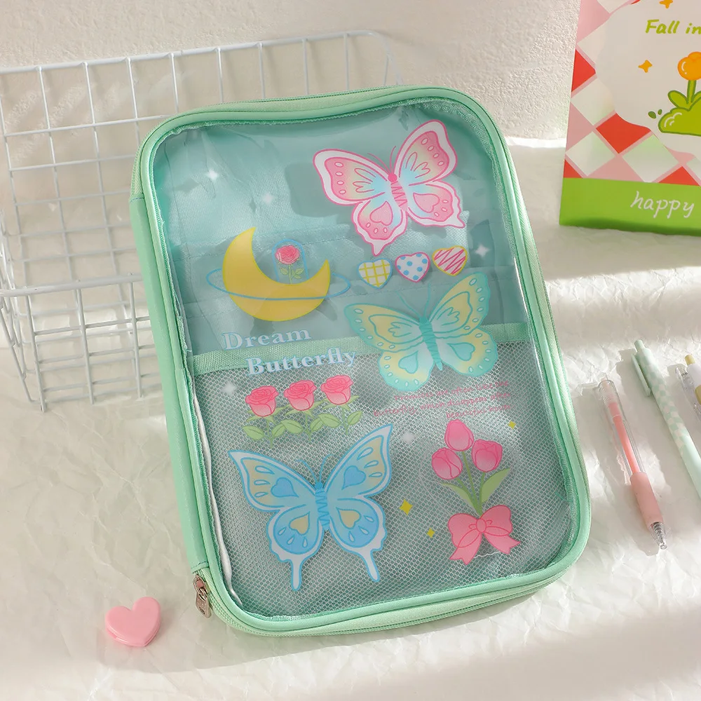 Color: Yellow - Cartoon PVC Stationary Organzier Pouch Big Capacity Storage Pens Eraser Students Pencil Bags