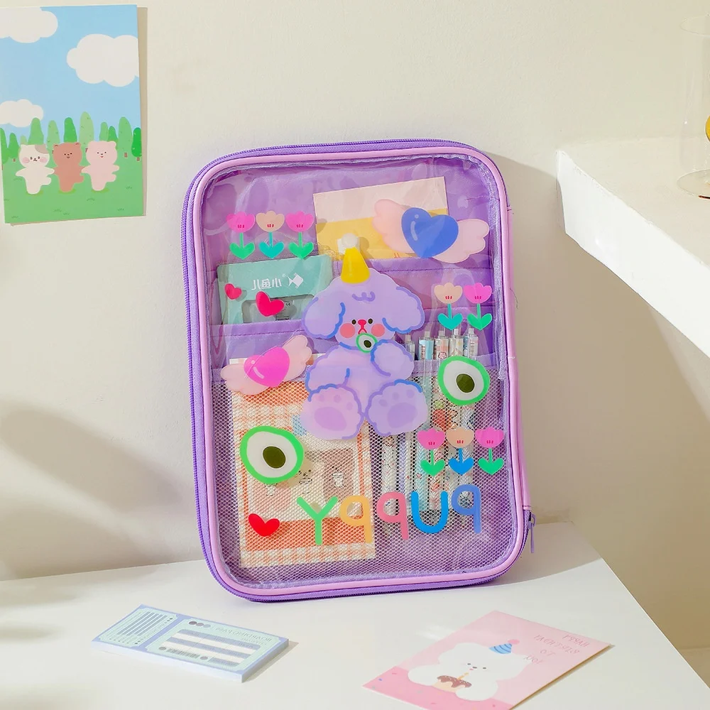 Color: Yellow - Cartoon PVC Stationary Organzier Pouch Big Capacity Storage Pens Eraser Students Pencil Bags