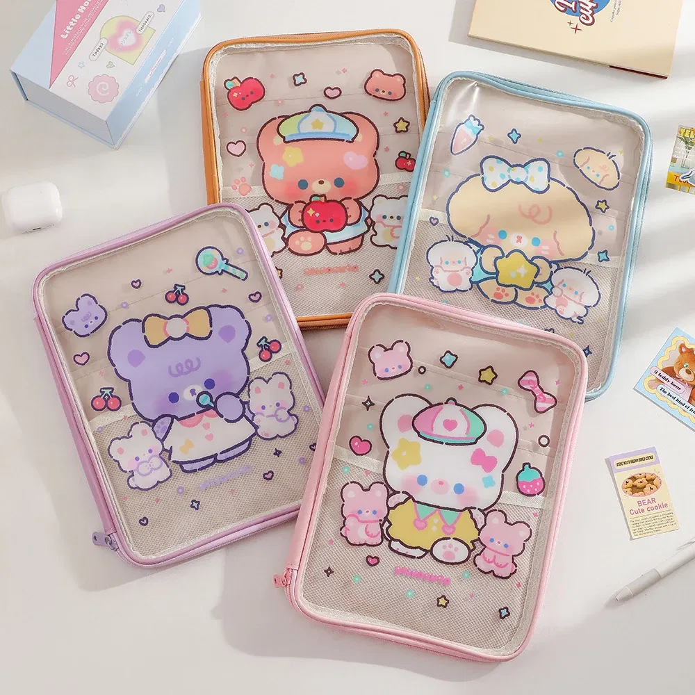 Color: Yellow - Cartoon PVC Stationary Organzier Pouch Big Capacity Storage Pens Eraser Students Pencil Bags