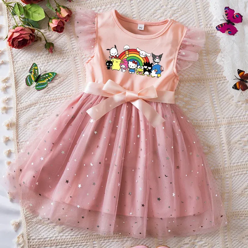 Color: Khaki, Kid Size: 4T - Hello Kitty Girls Sequin Tutu Dress with Bow Flutter Sleeves Summer Princess Party Outfit for Toddler Kids 2-6 Years