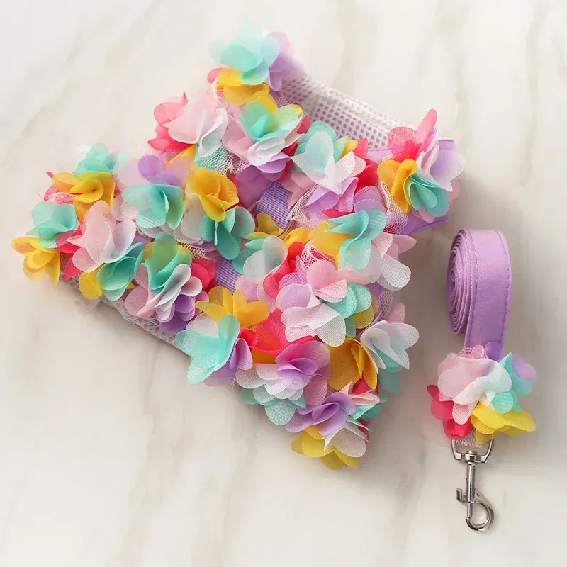 Color: Black, Size: M, Ships From: CHINA - Pets Coller Harness Small Medium Dog Chihuahua Pomeranian Accessories Ins Style Collar with Strap Floral Puppy Leash Pet Harness