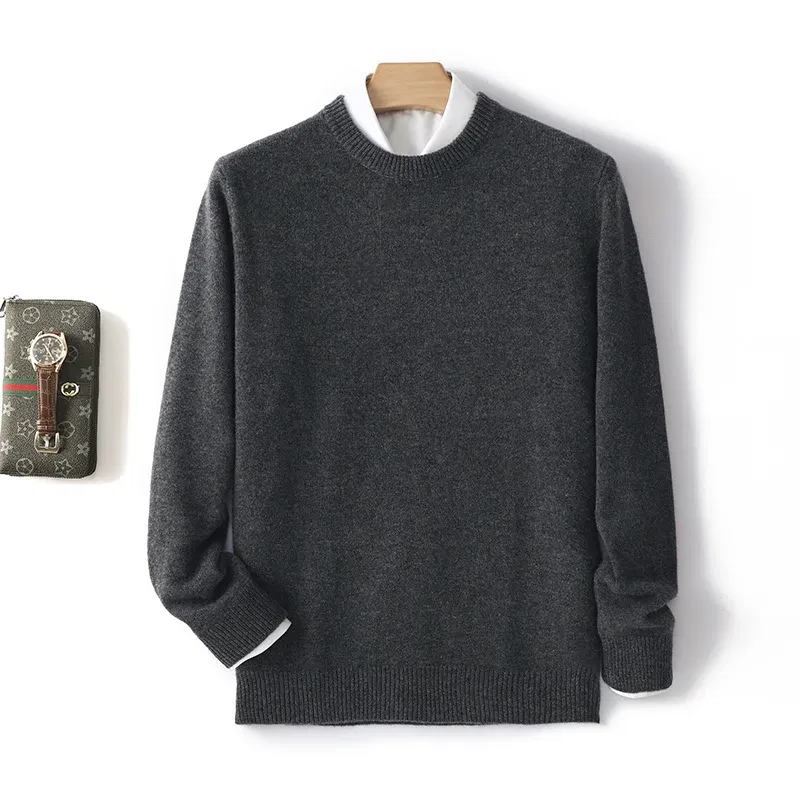Color: Dark Grey, Size: XXL, Ships From: CHINA - Men's 100% Pure Wool Cashmere Sweater O-Neck Pullover Knit Sweater Autumn and Winter New Long Sleeve High-End Jumpers Thick Tops