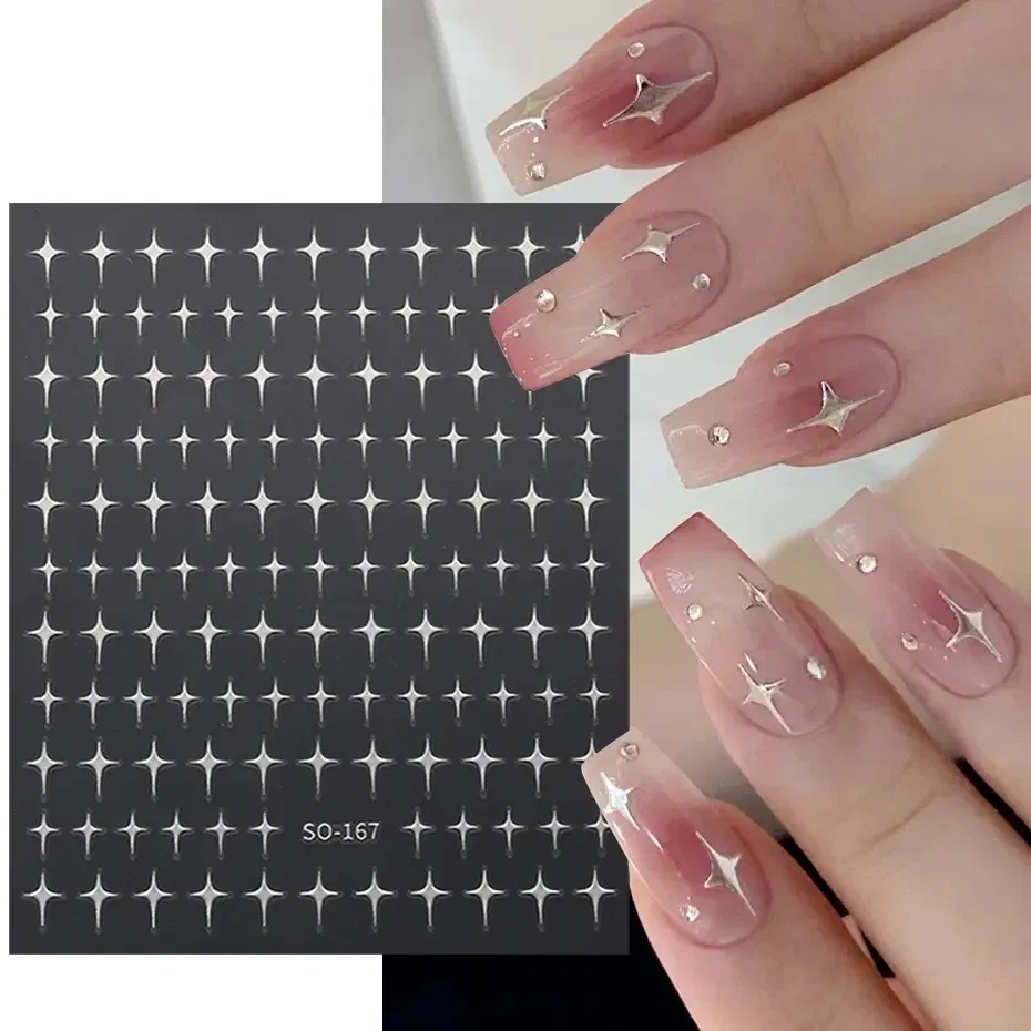 Color: Tan/Khaki - Sliver Stars Nails Stickers 3D Bronzing Laser White Cross Starlight Glossychic Y2k Stylish Adhesive Manicure Decorations SO-167