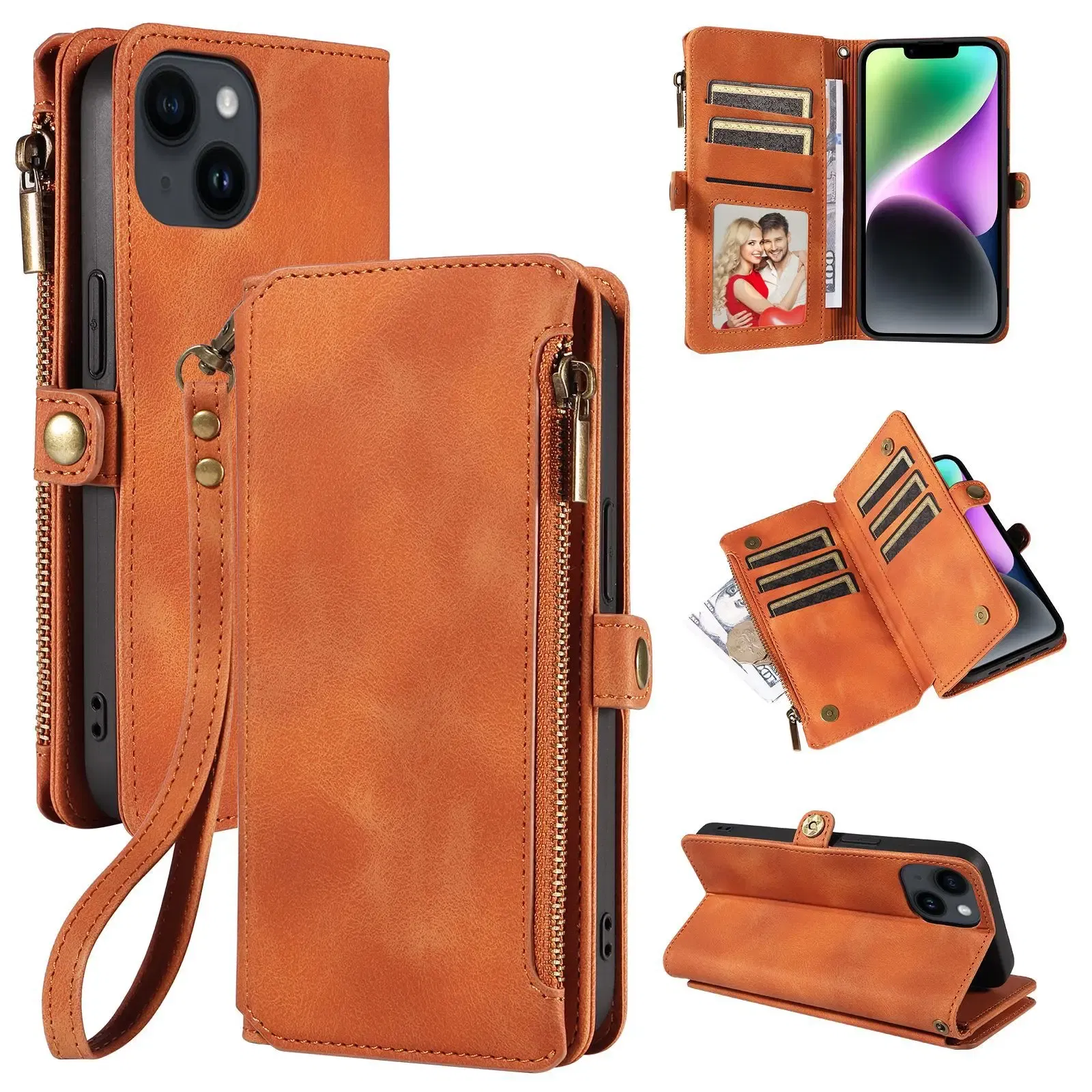 Color: Blue, Material: Microfiber - Zipper Multi 9 Cards Wallet Case for OPPO Reno 12 10 8 7 6 5 Pro 11F 11A 8T 6Z 5Z Retro Leather Lanyard Wrist Strap Phone Cover