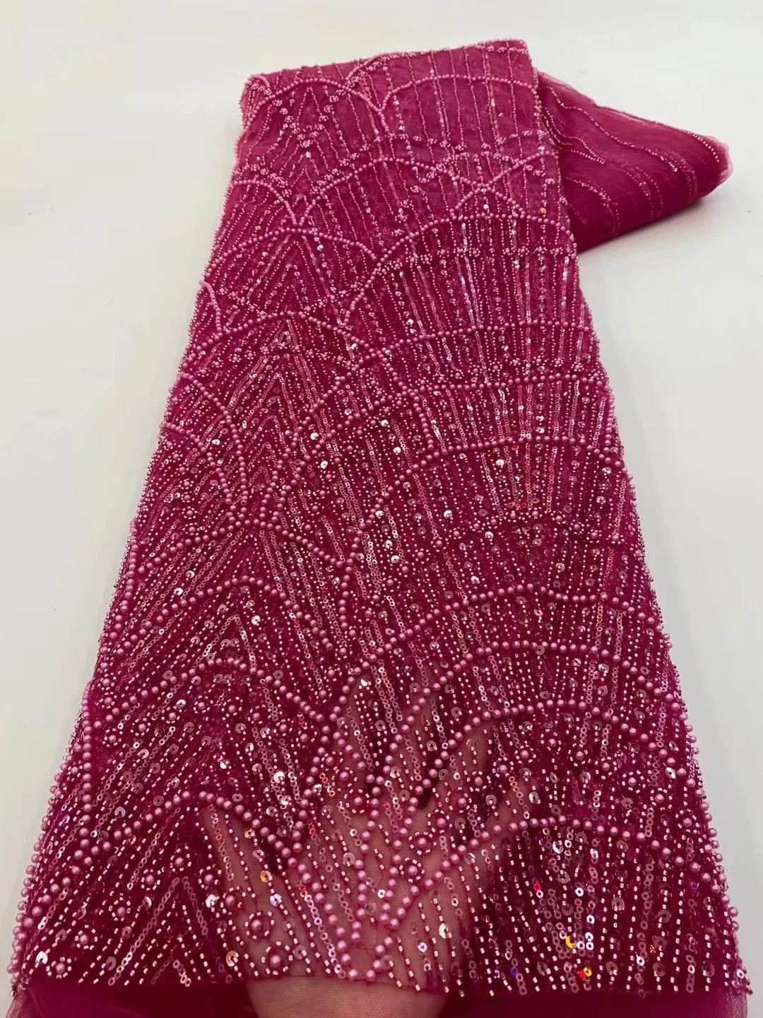 Color: Midnight Blue, Width: 120cm, Length: 5 yards - Wholesale African Sequins Lace Fabric  French Embroidery High Quality Luxury Heavy Beaded Bridal Wedding Lace 5 yards