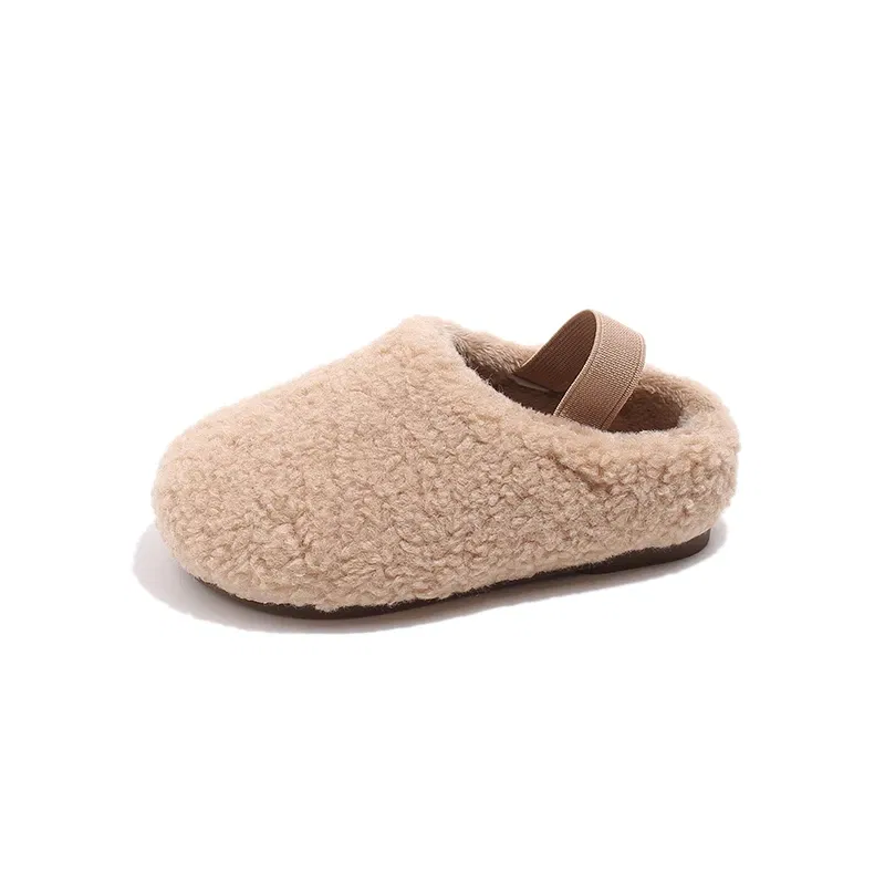 Color: Dark Khaki, Shoe Size: 36.5 - Teddy Fur Mule For Baby Kids Winter Warm Plush Slipper Toddler Child Casual Pull-on Fluffy Cotton Shoe with Back Elastic Strap