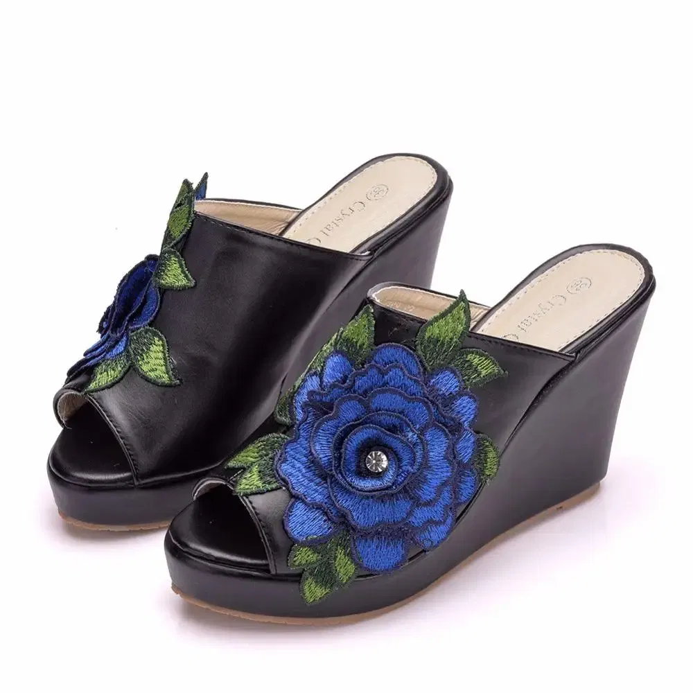 Color: black, Shoe Size: 36 - Crystal Queen Black White Peep Toe Platform Wedges High Heels Slippers Beach Sandals Women Lace Flower
