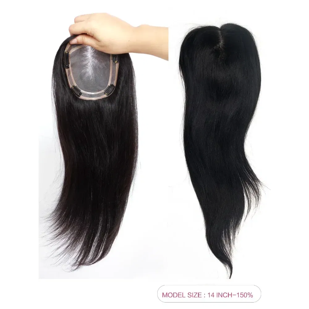 Toupee Color: 1b#, Toupee Size: 4x6, Toupee Design: free, Toupee Density: 120%, Length: 14 inches - 5.5X6inch Mono Base Brazilian Remy Human Hair Topper 12"-18" Double Pu Around Thick Invisible Mono Topper for Women Hairpieces