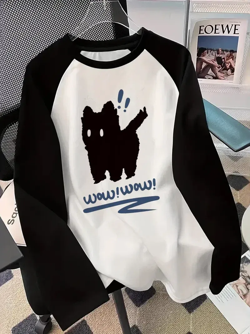 Color: WHITE, Size: S - Winter Autumn Long Sleeved Black Cat Design Shirt Funny T Shirt Women's Casual Long Sleeve T-Shirt Crew Neck Top Tee Tshirt