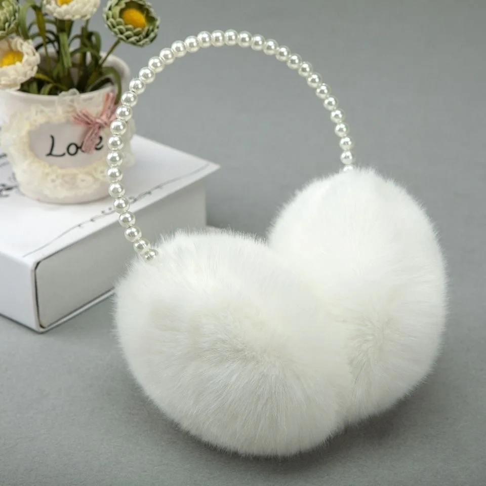 Color: SKY BLUE - Faux Pearl Hoop Plush Headband Elegant Solid Color Fluffy Earmuffs Thick Coldproof Ear Warmer For Women Girls