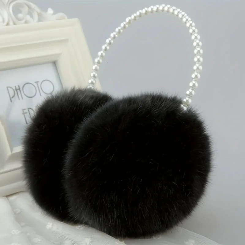 Color: SKY BLUE - Faux Pearl Hoop Plush Headband Elegant Solid Color Fluffy Earmuffs Thick Coldproof Ear Warmer For Women Girls