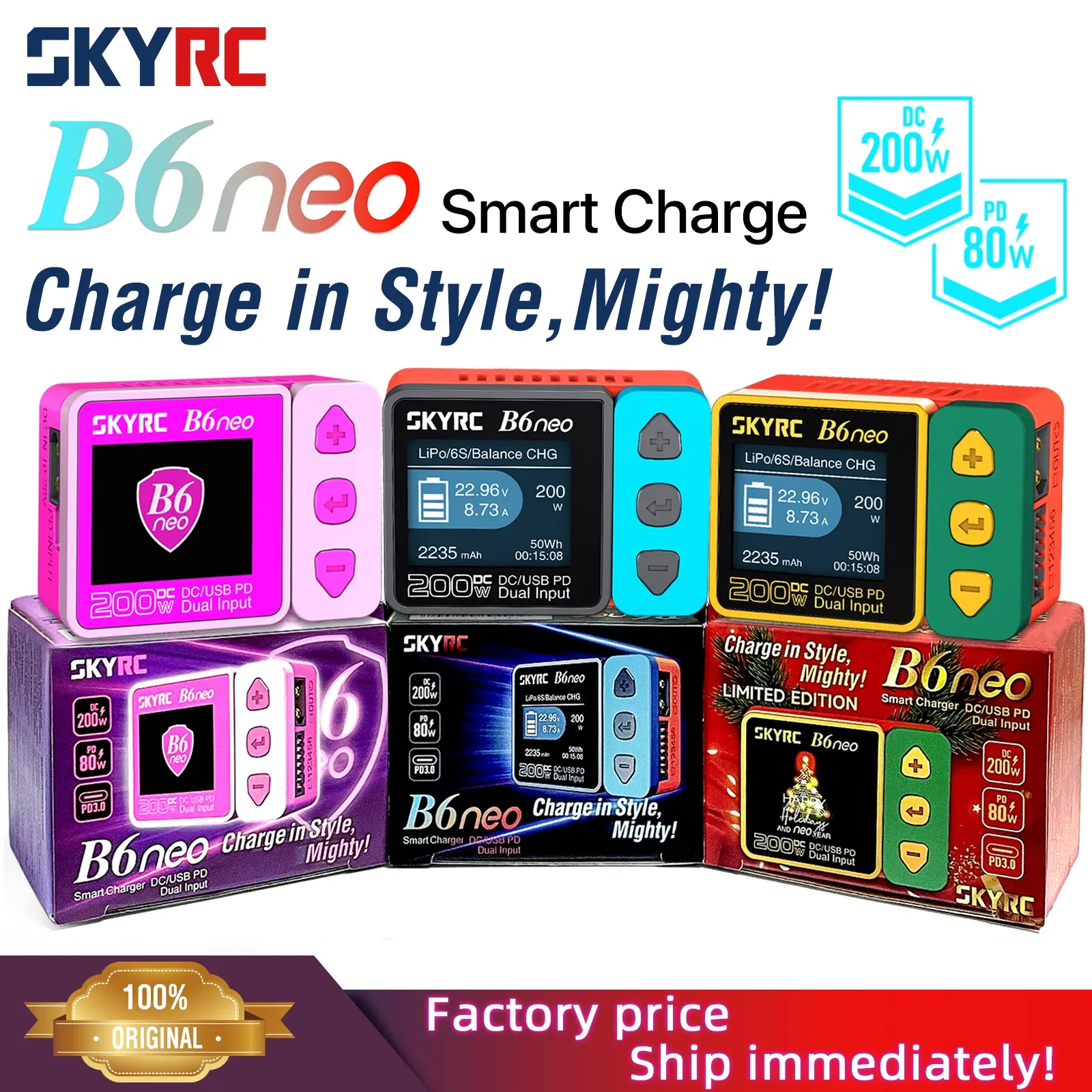 Color: Watermelon red, Ships From: CHINA - 2023 SkyRC B6neo Smart Charger DC 200W PD 80W Battery Balance Charger SK-100198 B6 neo Xmas tree version