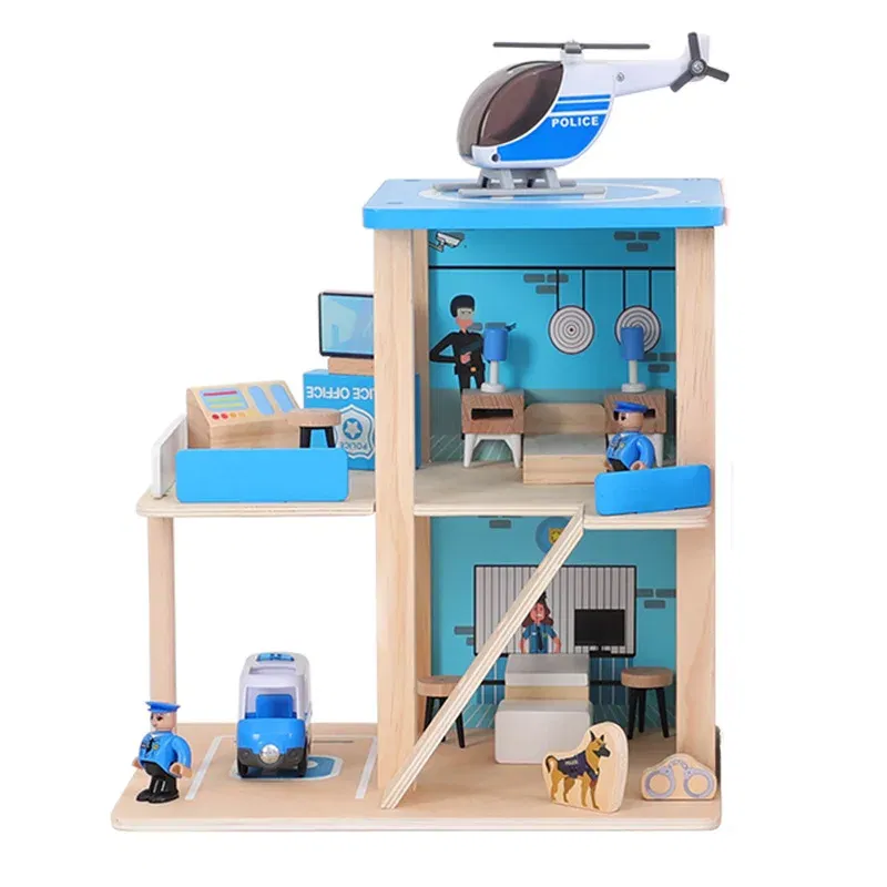 Color: Silver - Wooden Train Track Railway Bridge Tunnel Accessories Fit  Police Station Scene for Brio Wood Train Pieces Educational Toys