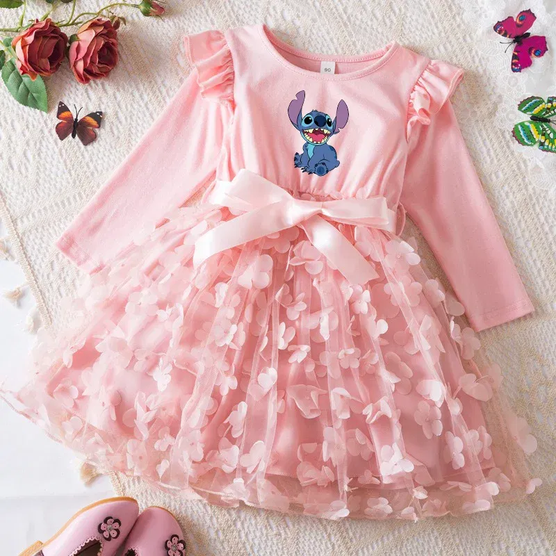 Color: Lavender, Size: One Size, Height: 176 - Lilo Stitch Girl Baby Dresses Spring Autumn Child Long Sleeve Sweet Princess Dress Mesh Newborn Casual Dress Birthday Party 2-6Y