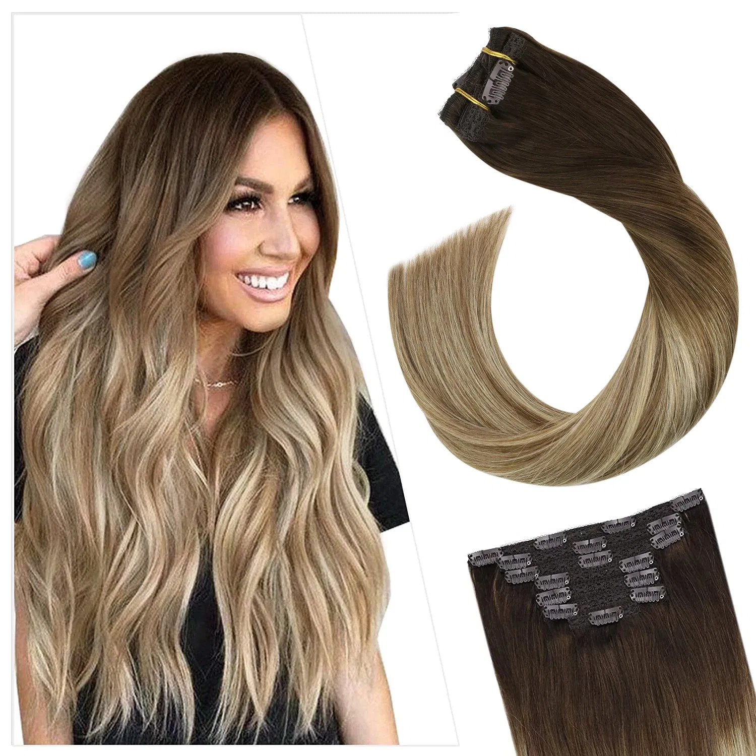 Color: T4/27, Length: 14 inches, Weight Per Package: 120g/Set - [16 Colors] Ugeat Clip in Hair Extensions Human Hair 14-22" Double Weft Remy Hair Full Head Clip in Extensions for Woman 7Pcs