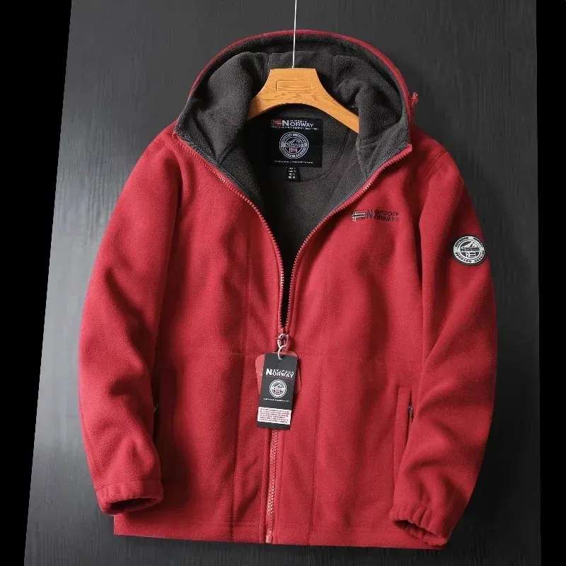 Color: Red, Size: M - Winter Wool Jacket Men's High-end Embroidered Thickened Fleece Windproof Jacket Outdoor Snow Cold-proof Men's Warm Hooded Coat