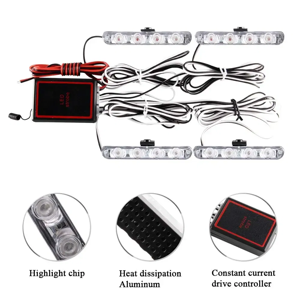 Emitting Color: Cold White - 4 In 1 Red Blue Emergency Strobe Lights Police Lights 12V With Wireless Remote Control Flash Grille Light for Cars Truck Van SUV