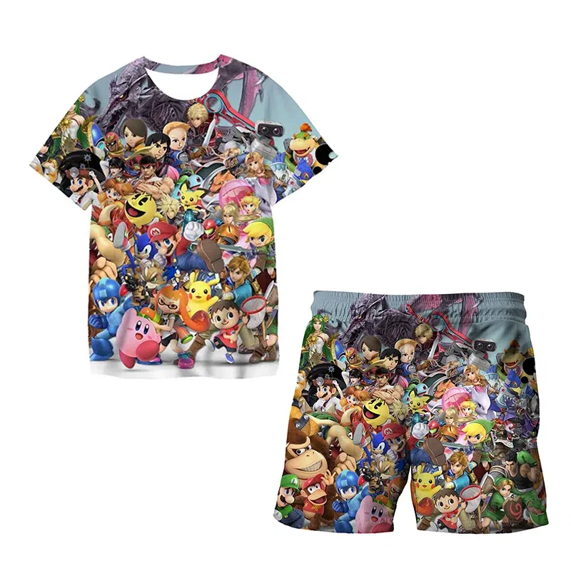 Color: PURPLE, Size: M - New Japanese cartoon Sonic T-shirt children's top T-shirt shorts two-piece set summer boy cartoon cute T-shirt+beach pants