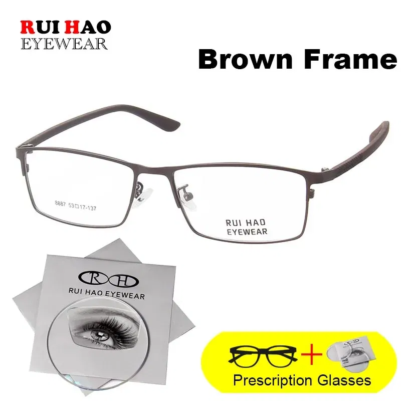 Frame Color: Coffee, Lens Function: Photo Grey, Lens Index: 1.67, Prescription Type: Progressive - Rui Hao Eyewear Prescription Glasses Rectangle Leisure Customize Spectacles Full Rimless Eyeglasses Fill Recipe Lenses 8887
