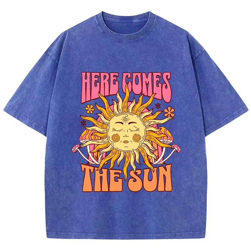 Color: Dark Grey, Size: XL - Oversize Women's Washed T-Shirt Cotton Here Comes The Sun Prints T Shirts Casual O-Neck Short Sleeve Tops Loose Women's Clothes