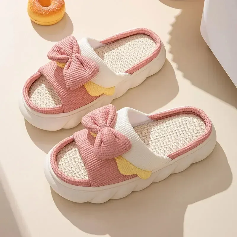 Color: Straw, Shoe Size: 36 - Linen Slippers Women Indoor Slippers Comzy Anti-Slip House Cotton Shoes Cute Bowknot Flat Slipper Couples Slides Spring Summer