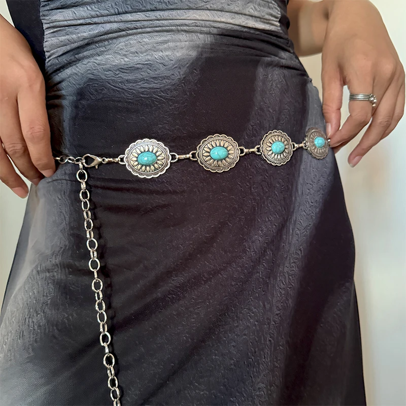 Color: black, Belt Length: 110cm - Fashion Silver Bohemian female circular waist chain luxury blue gemstone Ellipse chain belts for women suitable for Skirts dress