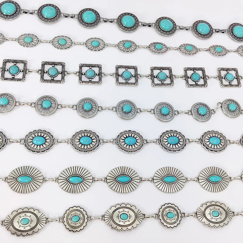 Color: black, Belt Length: 110cm - Fashion Silver Bohemian female circular waist chain luxury blue gemstone Ellipse chain belts for women suitable for Skirts dress