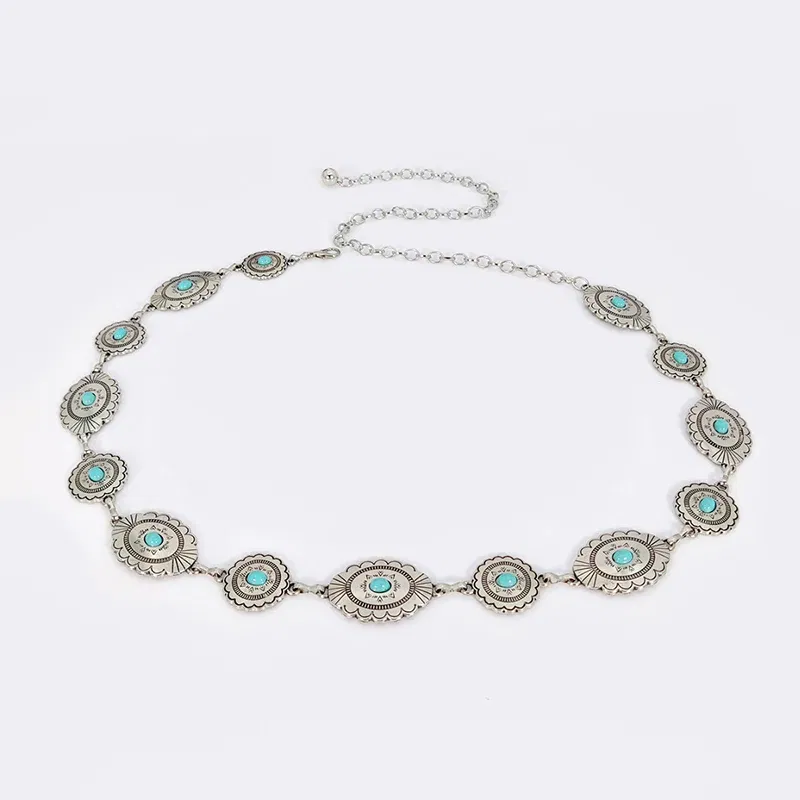 Color: black, Belt Length: 110cm - Fashion Silver Bohemian female circular waist chain luxury blue gemstone Ellipse chain belts for women suitable for Skirts dress