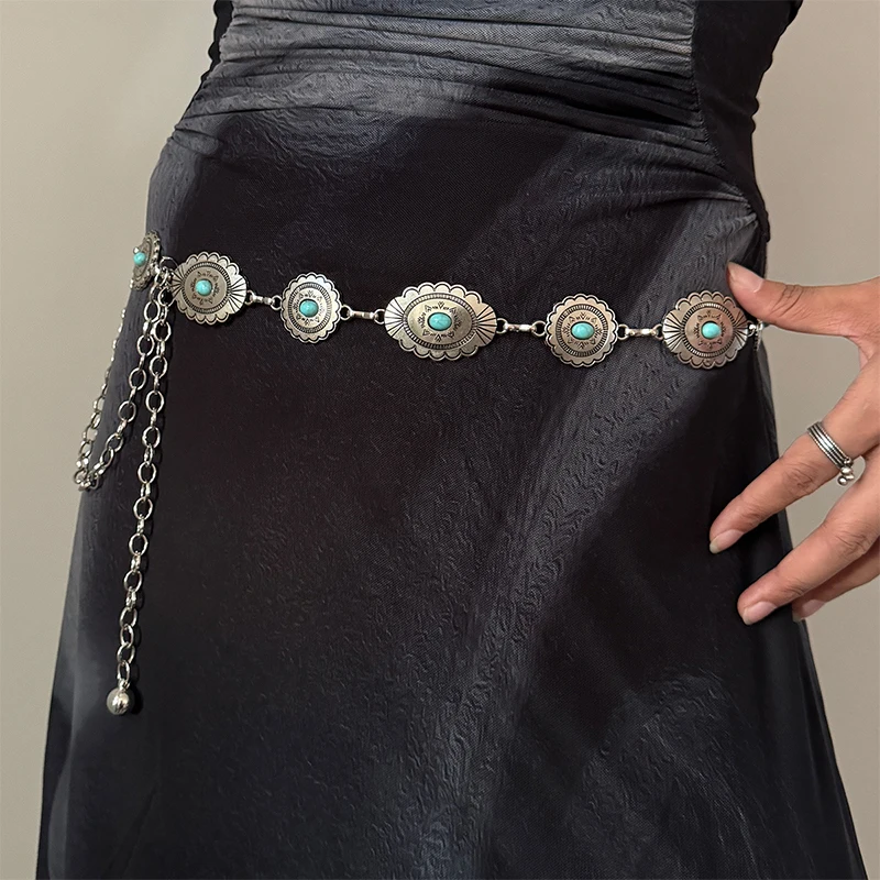 Color: black, Belt Length: 110cm - Fashion Silver Bohemian female circular waist chain luxury blue gemstone Ellipse chain belts for women suitable for Skirts dress