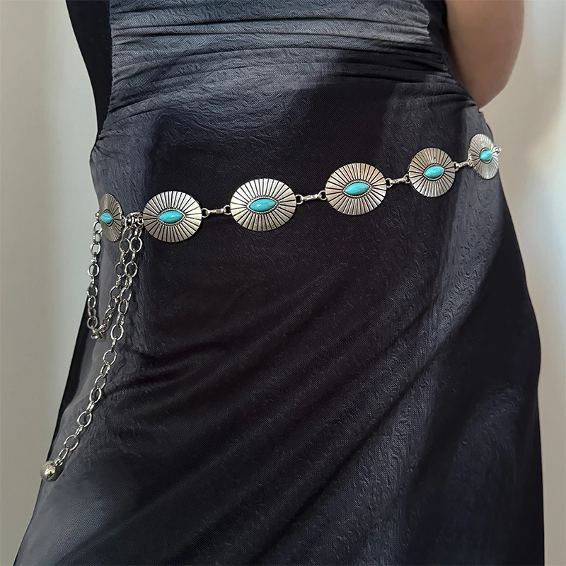 Color: black, Belt Length: 110cm - Fashion Silver Bohemian female circular waist chain luxury blue gemstone Ellipse chain belts for women suitable for Skirts dress