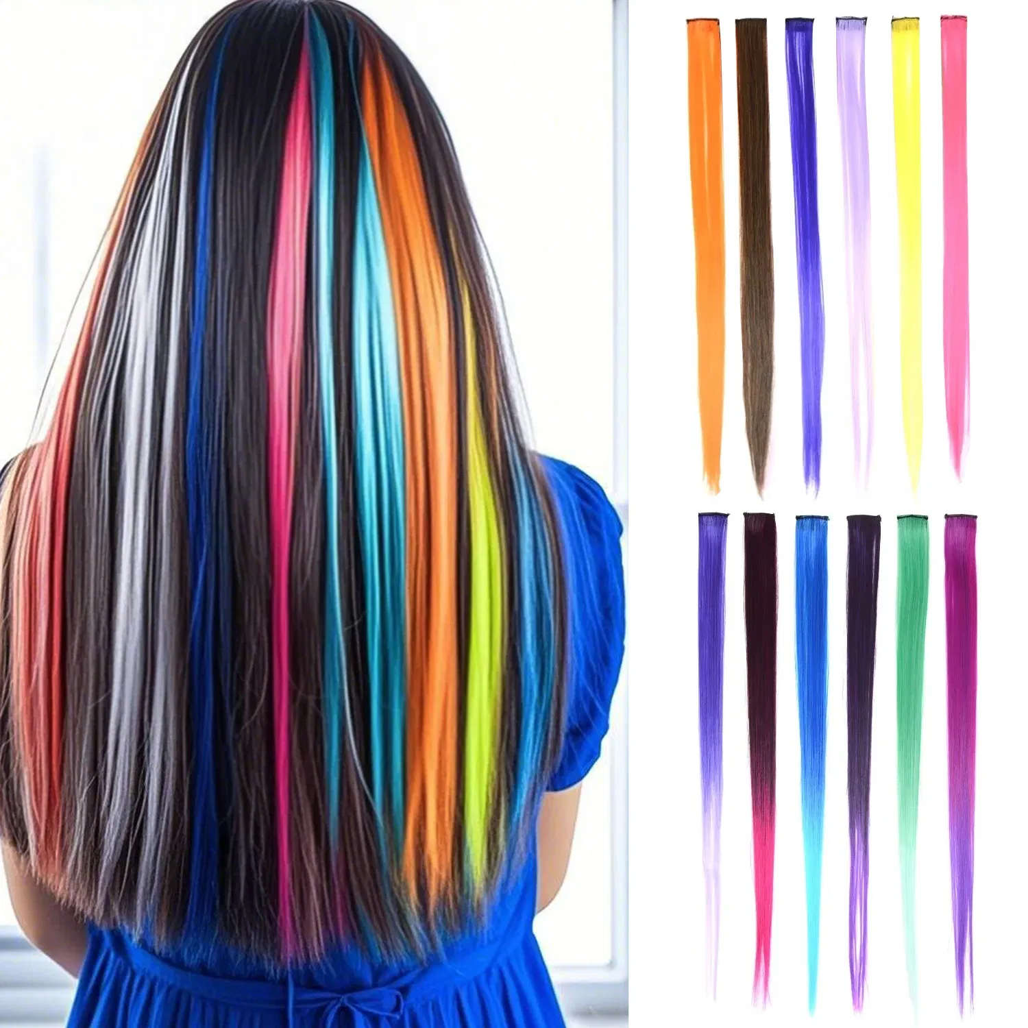 Color: 4/27HL, Stretched Length: 22inches - Synthetic Clip-in Hair Extensions 22" Long Colorful Straight Hair Pieces Synthetic Hairpieces for Daily Festival Party