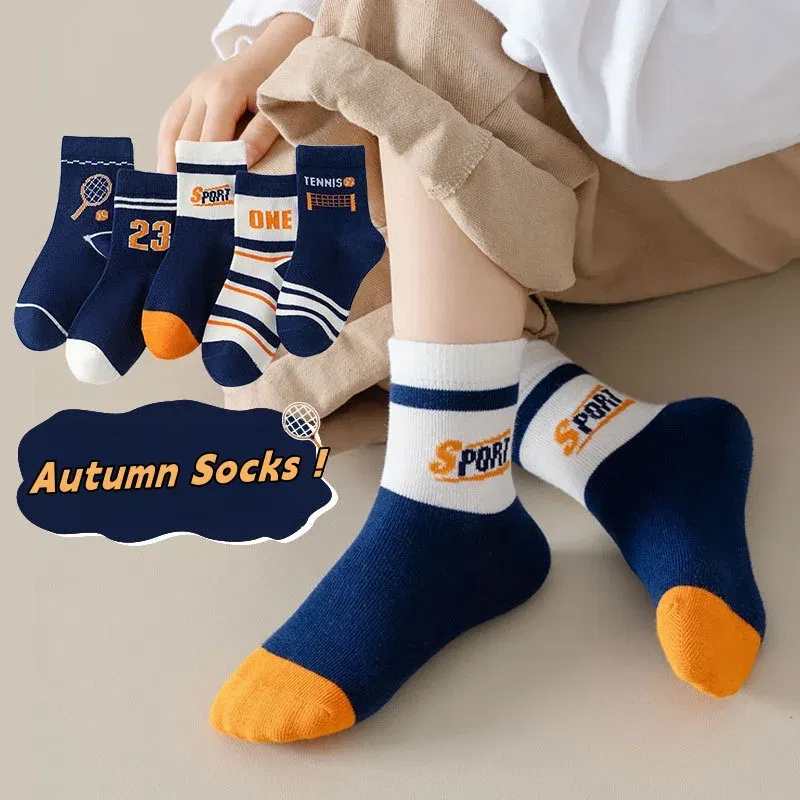 Color: Blue, Size: 7-9T - Children's Socks Autumn Boys Cartoon Dinosaur Socks 1-14T Kids Cotton Socks Student Sporty Socks 5 Pairs
