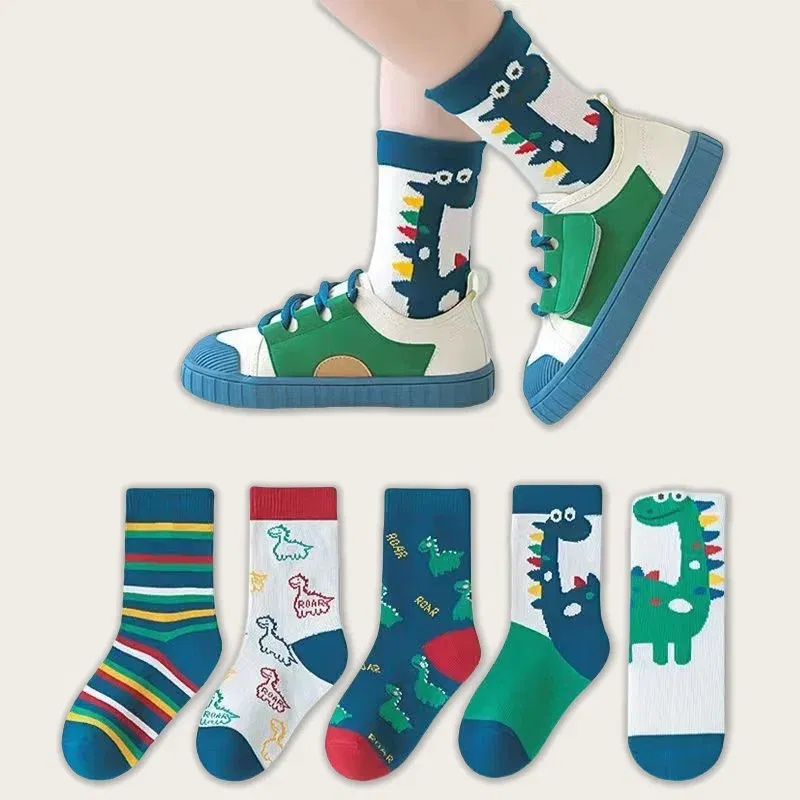 Color: Blue, Size: 7-9T - Children's Socks Autumn Boys Cartoon Dinosaur Socks 1-14T Kids Cotton Socks Student Sporty Socks 5 Pairs