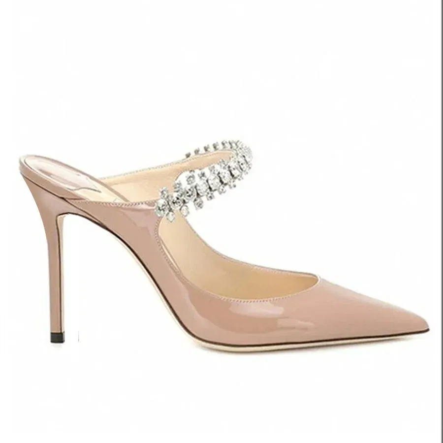 Color: green, Shoe Size: 36, Ships From: CHINA - Elegant Leather Mules Pointed Toe Stylish Rhinestone Embellished High Heel Sandals Sophisticated Party Evening Shoes Footwear