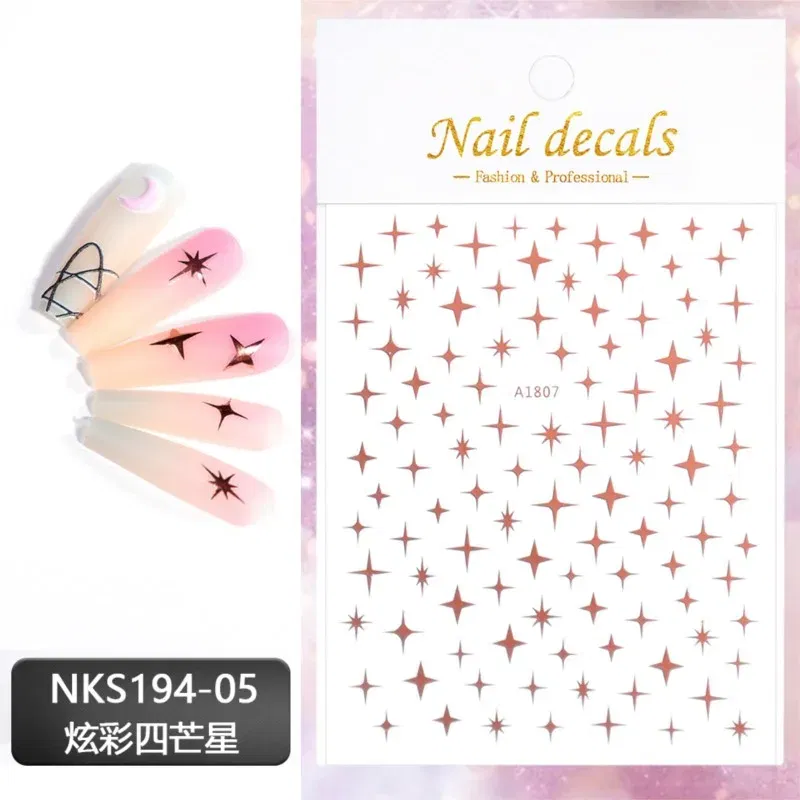 Color: Gold/Bronze - 3D Laser Silver/Rose Gold Hollow Cross Star Nail Art Stickers Design Self-Adhesive Hollow Cross Star Nail/Body Art Decor Sticker