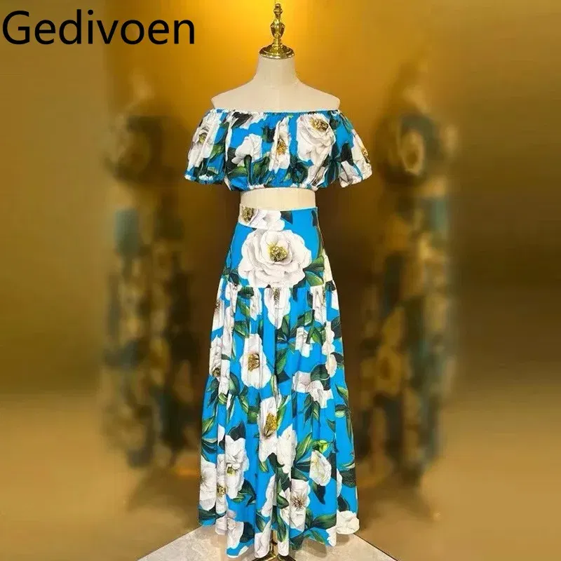 Color: SKY BLUE, Size: XXL, Ships From: CN - Gedivoen New Style Casual Women's Suit Sweetheart Neck Spaghetti Strap Backless Top+Fashion Half skirt Cotton Print 2-piece set