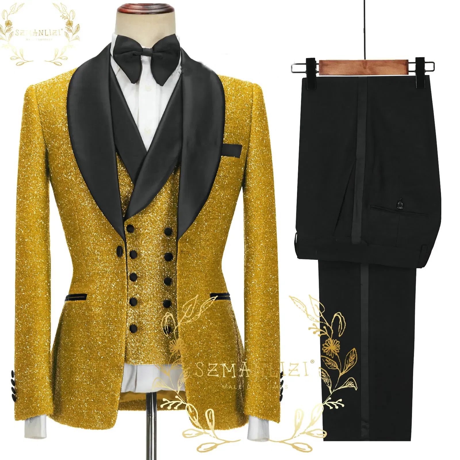 Color: GRAY, Size: S - SZMANLIZI 2022 Latest Designs Black Floral Party Blazer Men Suits Costume Homme Groom Tuxedos Wedding Terno Masculino 3 Pieces
