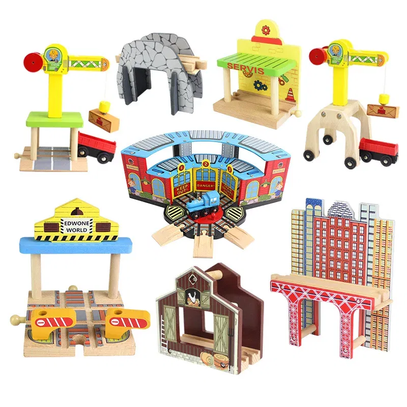 Color: Army Green - Wooden Bridge Tunnel Urban Rail Overpass Traffic Car Toy Scene Combined Train Rail Track Wooden Accessories Beech Turntable DIY