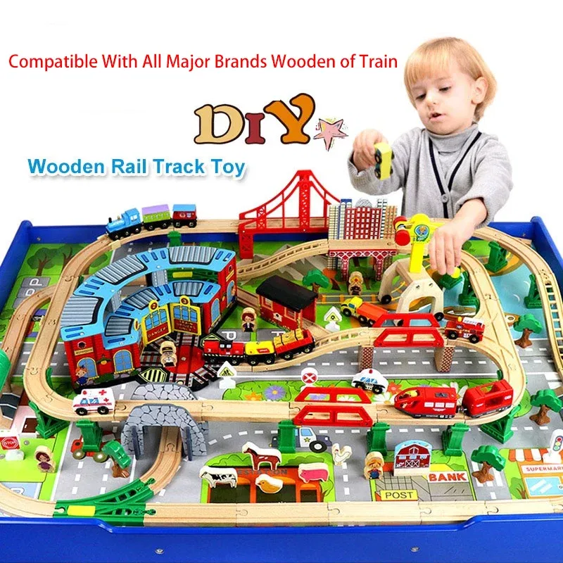 Color: Army Green - Wooden Bridge Tunnel Urban Rail Overpass Traffic Car Toy Scene Combined Train Rail Track Wooden Accessories Beech Turntable DIY