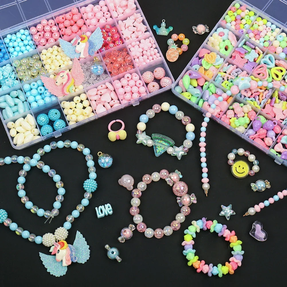 Color: Gold - 500pcs DIY Handmade Beaded Children's Toy Creative Loose Spacer Beads Crafts Making Bracelet Necklace Jewelry Kit Girl Toy Gift