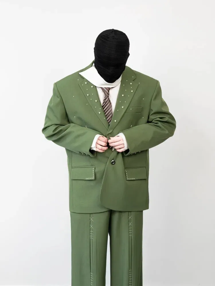 Color: Beige, Size: XL - 2025 Hot Sale Mens Beads Design Spring Suits Casual Two Piece Set Loose Fit Fashion Match Set Outfit Hand Stitch Wide Leg Pants