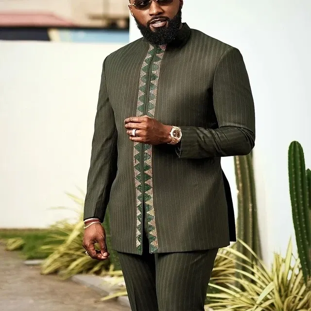 Color: army green, Size: L - 2025 New men's suit, white pocket, 2-piece set, luxury wedding casual suit, traditional African style of ethnic minorities