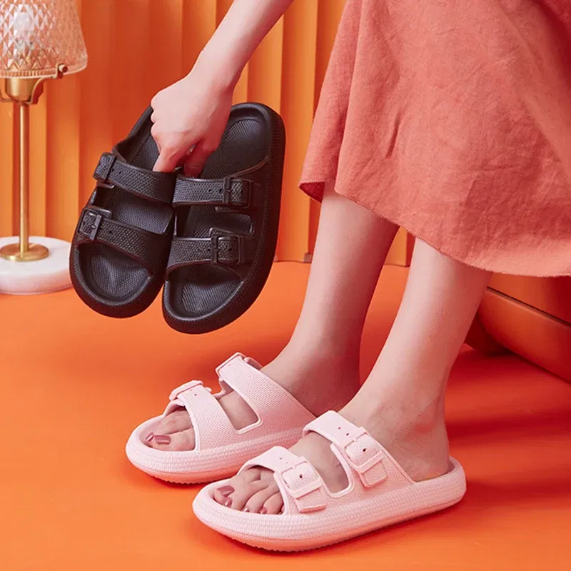 Color: black, Shoe Size: 40-41 - Fashion Buckle Thick Platform Slippers Women Home Soft Sole eva Cloud Slides Sandals Woman 2025 Summer Non Slip Beach Flip Flops
