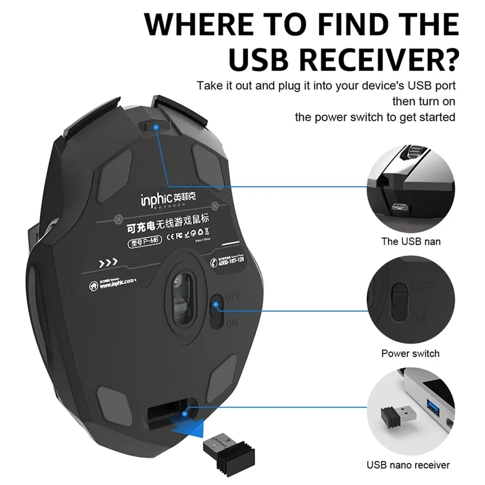 Color: PURPLE - Bluetooth Compatible Mouse Rechargeable 2.4G INPHIC PM6 Wireless Mouse Office Mute Support PC Laptop Tablet Smartphone Universal
