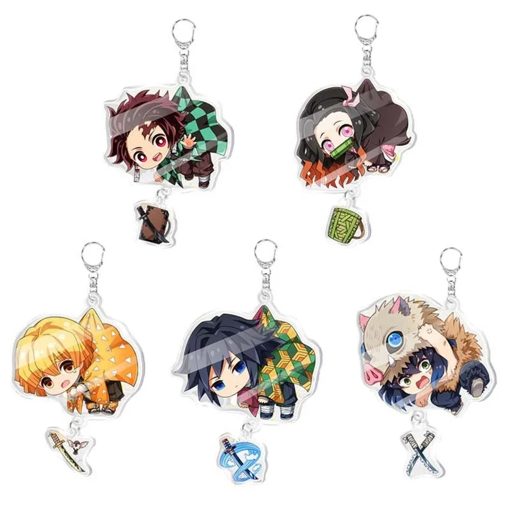 Color: WHITE - 16pcs/set Anime Keychains Keychain Demon Slayer Kimetsu No Yaiba Acrylic Key Ring Cute Funny Cartoon for Friends wholesale