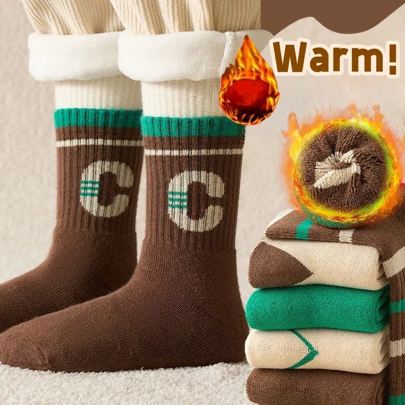 Color: Brown, Size: 4-6T - 5 Pairs/lot Children's Winter Socks Warm Baby Child Thicken Cotton Socks Boys Terry Socks Letter Pattern Thermal Socks
