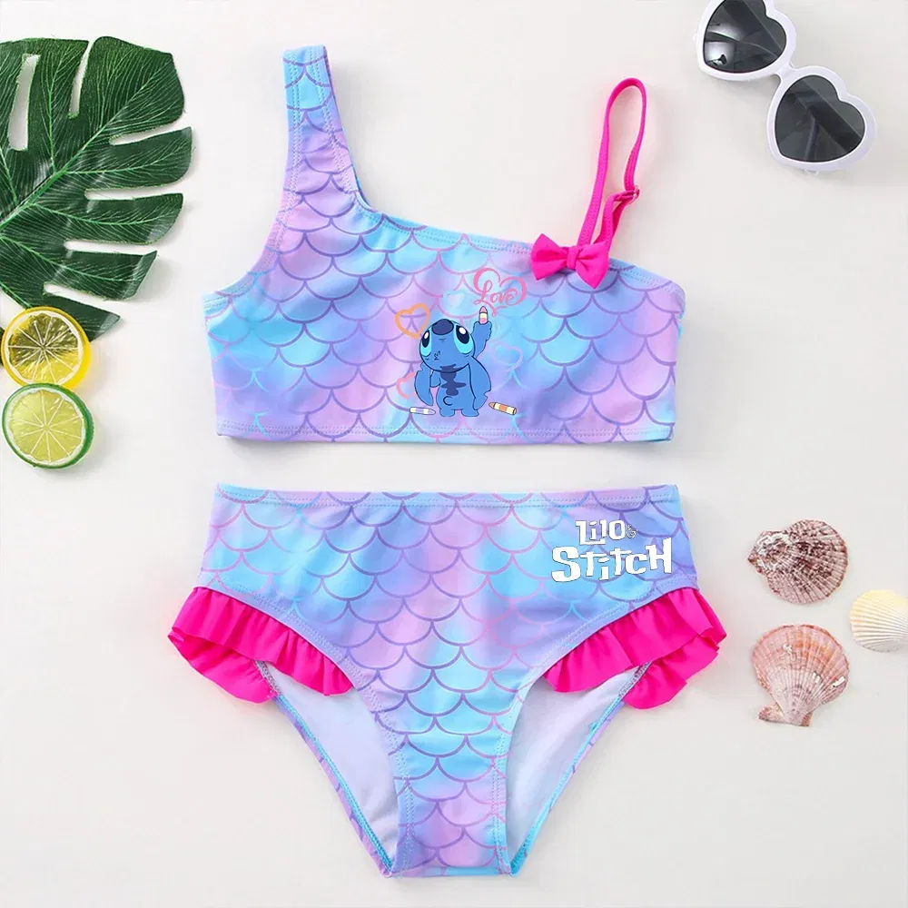 Color: APRICOT, Size: M - Lilo Stitch Girls Swimsuit One-Piece Bathing Suits Children's Dresses Summer Swimwear Beach Suit Kids Wear Fashion Mermaid Fish